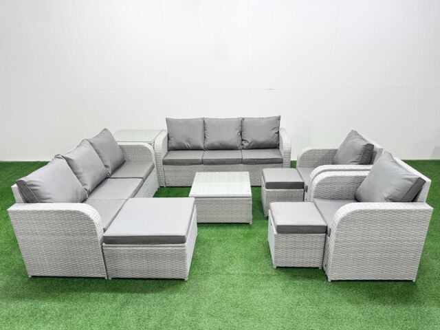 Fimous PE Rattan High Back Lounge Sofa Set Patio Square Coffee Table & Chairs Set with 3 Seater Sofa Reclining Chair 3 Stools Side Table Light Grey - image 1