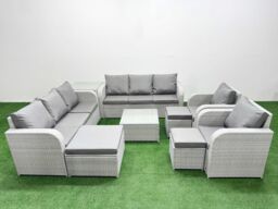 Fimous PE Rattan High Back Lounge Sofa Set Patio Square Coffee Table & Chairs Set with 3 Seater Sofa Reclining Chair 3 Stools Side Table Light Grey - thumbnail 1