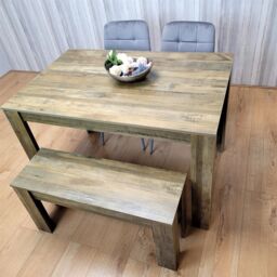 KOSY KOALA Modern Rustic Dining Set with 2 Grey Velvet Chairs & 1 Bench Dining Room Furniture in Brown - thumbnail 3