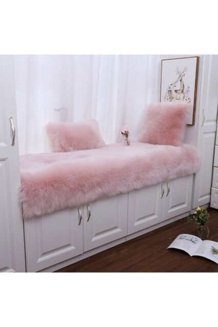 60x120cm Faux Wool Bay Window Cushion Plush Pink Rectangle Floor Mat for Sofa & Bedside - Size: 60 cm x 120 cm