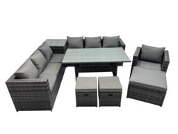 Fimous 10 Seater Garden Rattan Furniture Set with Side Table 3 Stools in Dark Grey - thumbnail 2