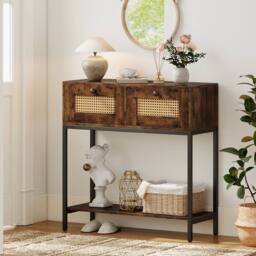 Costway 80CM Boho Console Table Modern Wooden Entryway Table w/2 Drawers in Brown