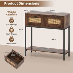 Costway 80CM Boho Console Table Modern Wooden Entryway Table w/2 Drawers in Brown - thumbnail 2