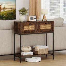 Costway 80CM Boho Console Table Modern Wooden Entryway Table w/2 Drawers in Brown - thumbnail 4