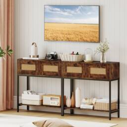 Costway 80CM Boho Console Table Modern Wooden Entryway Table w/2 Drawers in Brown - thumbnail 5