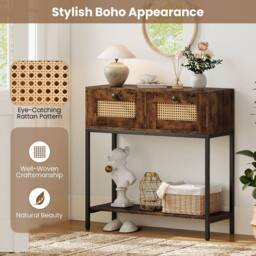 Costway 80CM Boho Console Table Modern Wooden Entryway Table w/2 Drawers in Brown - thumbnail 7