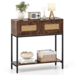 Costway 80CM Boho Console Table Modern Wooden Entryway Table w/2 Drawers in Brown - thumbnail 3