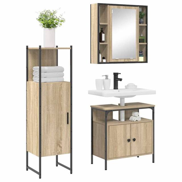 Berkfield Home Modern 3 Piece Bathroom Furniture Set Sonoma Oak Engineered Wood in Beige - image 1