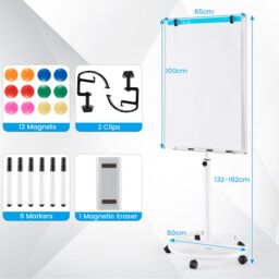 Costway Mobile Magnetic Whiteboard Height-Adjustable Dry Erase Board on Wheels 100X65 cm in White - thumbnail 5