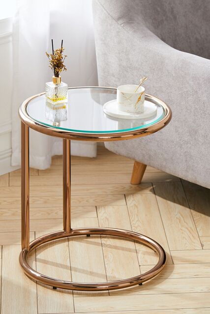 Living and Home Clear Tempered Glass Round Side Table with Metal Base in Rose Gold - image 1