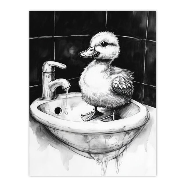 "Artery8 Cute Duckling Sink Bath Time Black White Drawing Wall Art Print - Size: W18"" x H24""" - image 1