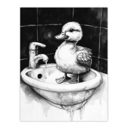 "Artery8 Cute Duckling Sink Bath Time Black White Drawing Wall Art Print - Size: W18"" x H24""" - thumbnail 1