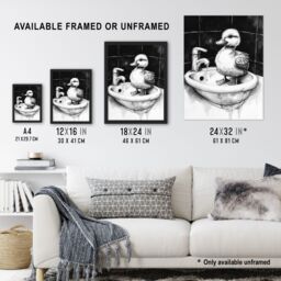 "Artery8 Cute Duckling Sink Bath Time Black White Drawing Wall Art Print - Size: W18"" x H24""" - thumbnail 3