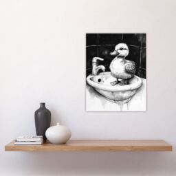 "Artery8 Cute Duckling Sink Bath Time Black White Drawing Wall Art Print - Size: W18"" x H24""" - thumbnail 4