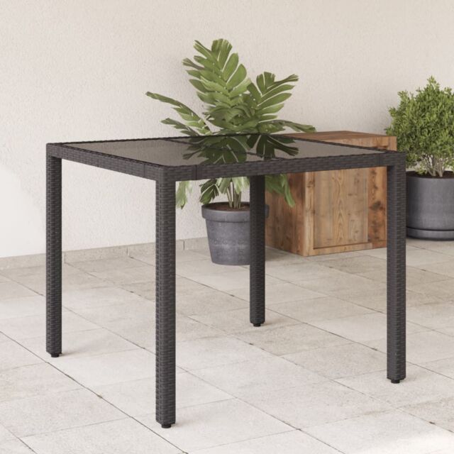 Berkfield Home Garden Table with Glass Top Black 90x90x75 cm Poly Rattan - Size: 90 x 90 x 75 cm - image 1