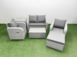 Fimous Light Grey PE Wicker Rattan Garden Furniture Set Sofa Set Reclining Adjustable Chair Rectangular Coffee Table 5 Seater w/ Footstool Side Table - thumbnail 1