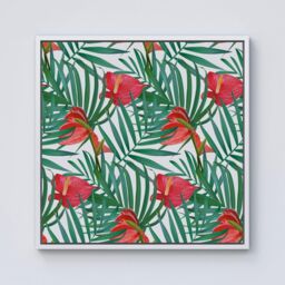 "Warren Reed - Designer Tropical Flowers & Palm Leaves Framed Canvas in Off-White - Size: W16"" x H16""" - thumbnail 1