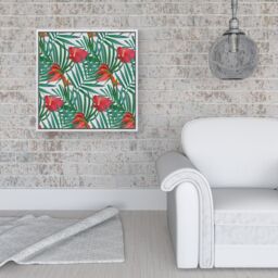 "Warren Reed - Designer Tropical Flowers & Palm Leaves Framed Canvas in Off-White - Size: W16"" x H16""" - thumbnail 2