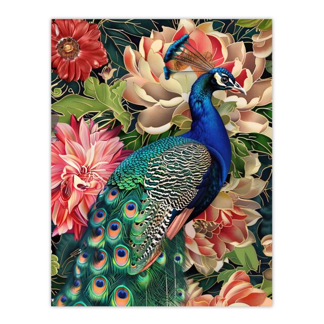 "Artery8 Peacock Bird with Flower Pattern Stylised Design Wall Art Print in Green - Size: W18"" x H24""" - image 1