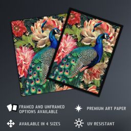 "Artery8 Peacock Bird with Flower Pattern Stylised Design Wall Art Print in Green - Size: W18"" x H24""" - thumbnail 2