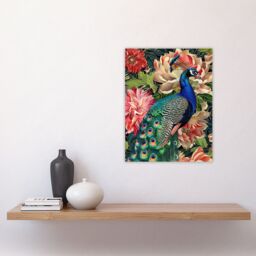 "Artery8 Peacock Bird with Flower Pattern Stylised Design Wall Art Print in Green - Size: W18"" x H24""" - thumbnail 4