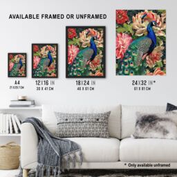 "Artery8 Peacock Bird with Flower Pattern Stylised Design Wall Art Print in Green - Size: W18"" x H24""" - thumbnail 3