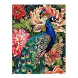 "Artery8 Peacock Bird with Flower Pattern Stylised Design Wall Art Print in Green - Size: W18"" x H24""" - thumbnail 1
