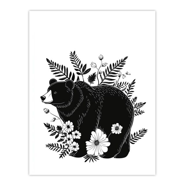 "Artery8 Grizzly Bear & Wildflowers Black White Folk Art Wall Art Print - Size: W12"" x H16""" - image 1