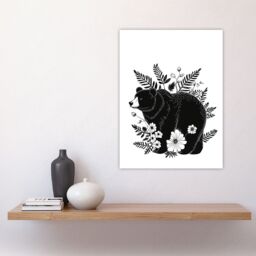 "Artery8 Grizzly Bear & Wildflowers Black White Folk Art Wall Art Print - Size: W12"" x H16""" - thumbnail 4