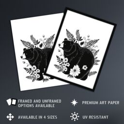 "Artery8 Grizzly Bear & Wildflowers Black White Folk Art Wall Art Print - Size: W12"" x H16""" - thumbnail 2