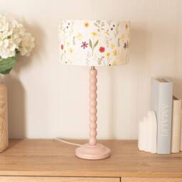 ValueLights Bobbins Pink Table Lamp with Floral Embroidered Drum Shade & Bulb in Pale Pink - thumbnail 1