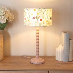 ValueLights Bobbins Pink Table Lamp with Floral Embroidered Drum Shade & Bulb in Pale Pink - thumbnail 2