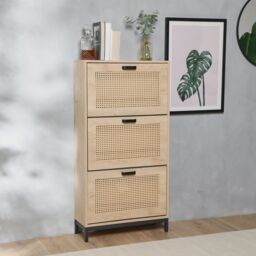 VonHaus 3 Tier Drawer Rattan Hallway Shoe Storage Cabinet in Natural