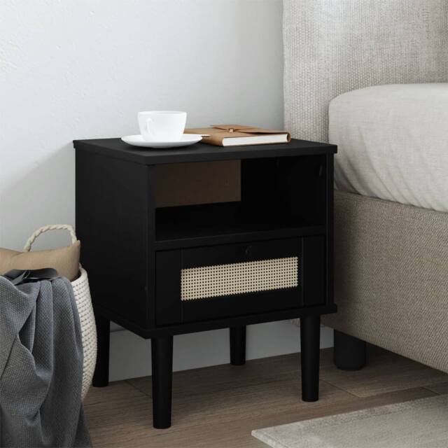 Berkfield Home Bedside Cabinet SENJA Rattan Look Black 40x35x48 cm Solid Wood Pine - Size: 40 x 35 x 48 cm - image 1
