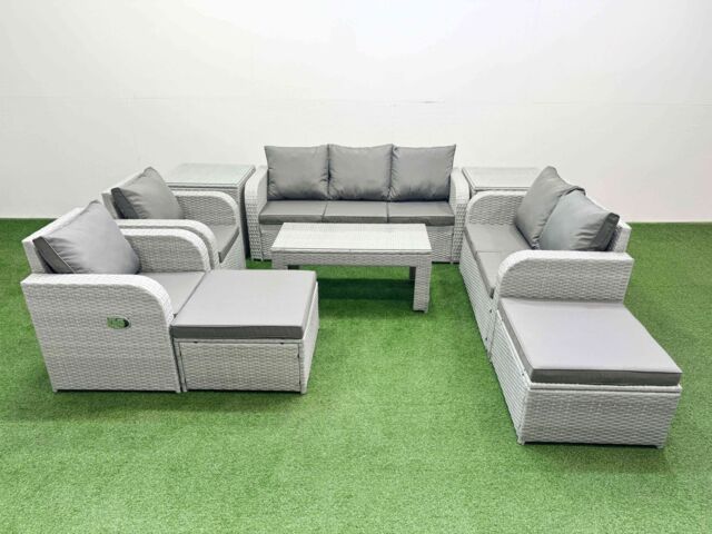 Fimous PE Rattan Garden Furniture Set Adjustable Chair Sofa Double Love Seat 2 Seater Sofa Lounge Set Rectangular Coffee Table 2 Big Footstool 2 Side - image 1