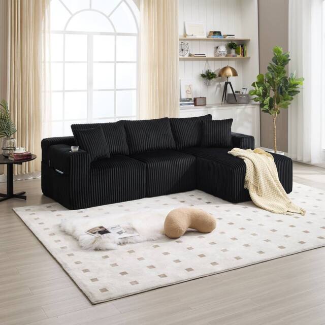 Direct Wicker Modular Sectional Sofa, L Shaped Comfy Cloud Couch in Black - Size: 3 Seater - image 1