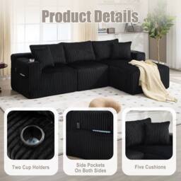 Direct Wicker Modular Sectional Sofa, L Shaped Comfy Cloud Couch in Black - Size: 3 Seater - thumbnail 3