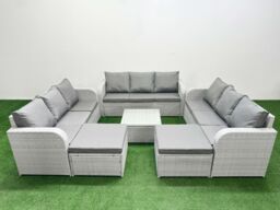 Fimous PE Rattan Lounge Sofa Set 11 Seater Outdoor Garden Furniture Set with Square Coffee Table 3 Seater Sofa 2 Big Footstools Light Grey - thumbnail 1