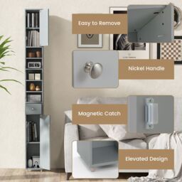 Gymax Slim Bathroom Tall Cabinet Narrow Linen Tower With 2 Door & 1 Drawer in Grey - thumbnail 7