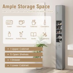 Gymax Slim Bathroom Tall Cabinet Narrow Linen Tower With 2 Door & 1 Drawer in Grey - thumbnail 4