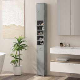 Gymax Slim Bathroom Tall Cabinet Narrow Linen Tower With 2 Door & 1 Drawer in Grey - thumbnail 8