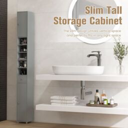 Gymax Slim Bathroom Tall Cabinet Narrow Linen Tower With 2 Door & 1 Drawer in Grey - thumbnail 9
