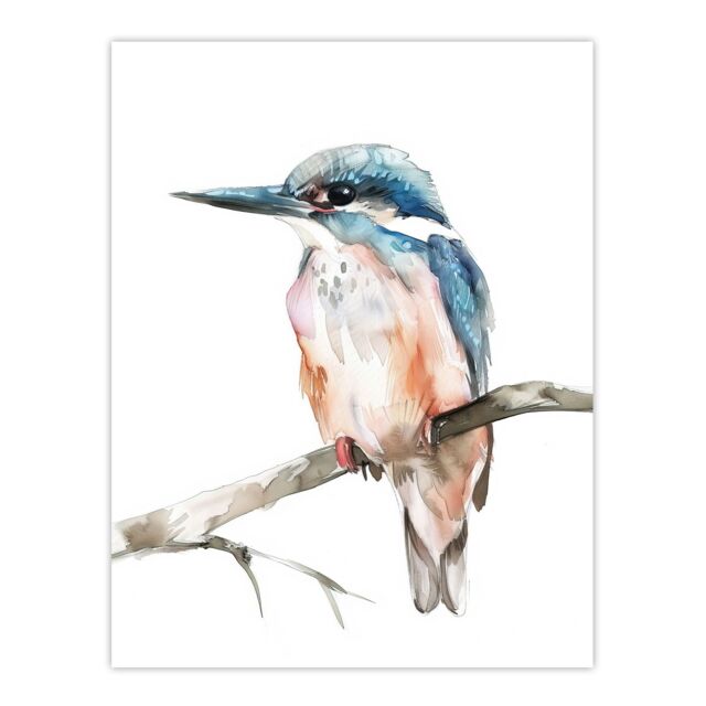 "Artery8 Blue Kingfisher Bird Modern Watercolour Simple Wall Art Print in White - Size: W12"" x H16""" - image 1