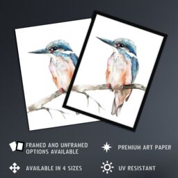 "Artery8 Blue Kingfisher Bird Modern Watercolour Simple Wall Art Print in White - Size: W12"" x H16""" - thumbnail 2