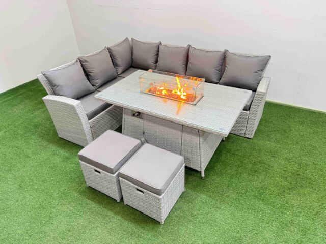 Fimous 8 Seat Rattan Garden Furniture Corner Sofa Set Outdoor Gas Fire Pit Table Sets with 2 Small Footstools Light Grey - image 1