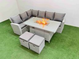 Fimous 8 Seat Rattan Garden Furniture Corner Sofa Set Outdoor Gas Fire Pit Table Sets with 2 Small Footstools Light Grey - thumbnail 1