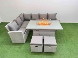 Fimous 8 Seat Rattan Garden Furniture Corner Sofa Set Outdoor Gas Fire Pit Table Sets with 2 Small Footstools Light Grey - thumbnail 2