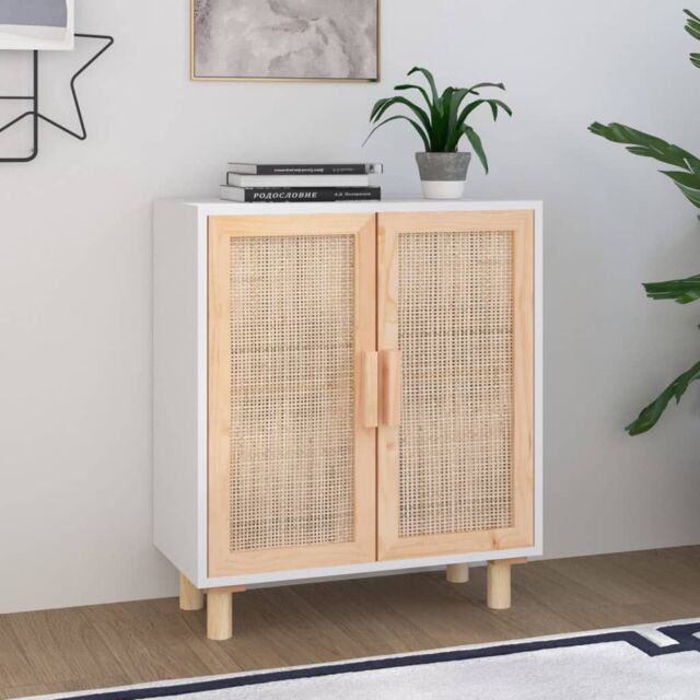 Berkfield Home Sideboard White 60x30x70 cm Solid Wood Pine & Natural Rattan - Size: 60 x 30 x 70 cm - image 1