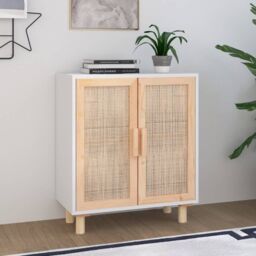 Berkfield Home Sideboard White 60x30x70 cm Solid Wood Pine & Natural Rattan - Size: 60 x 30 x 70 cm