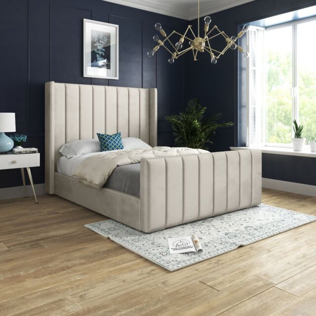 Casani Romano Straight Winged Upholstered Soft Velvet Bed Frame in Cream - Size: Super King - image 1